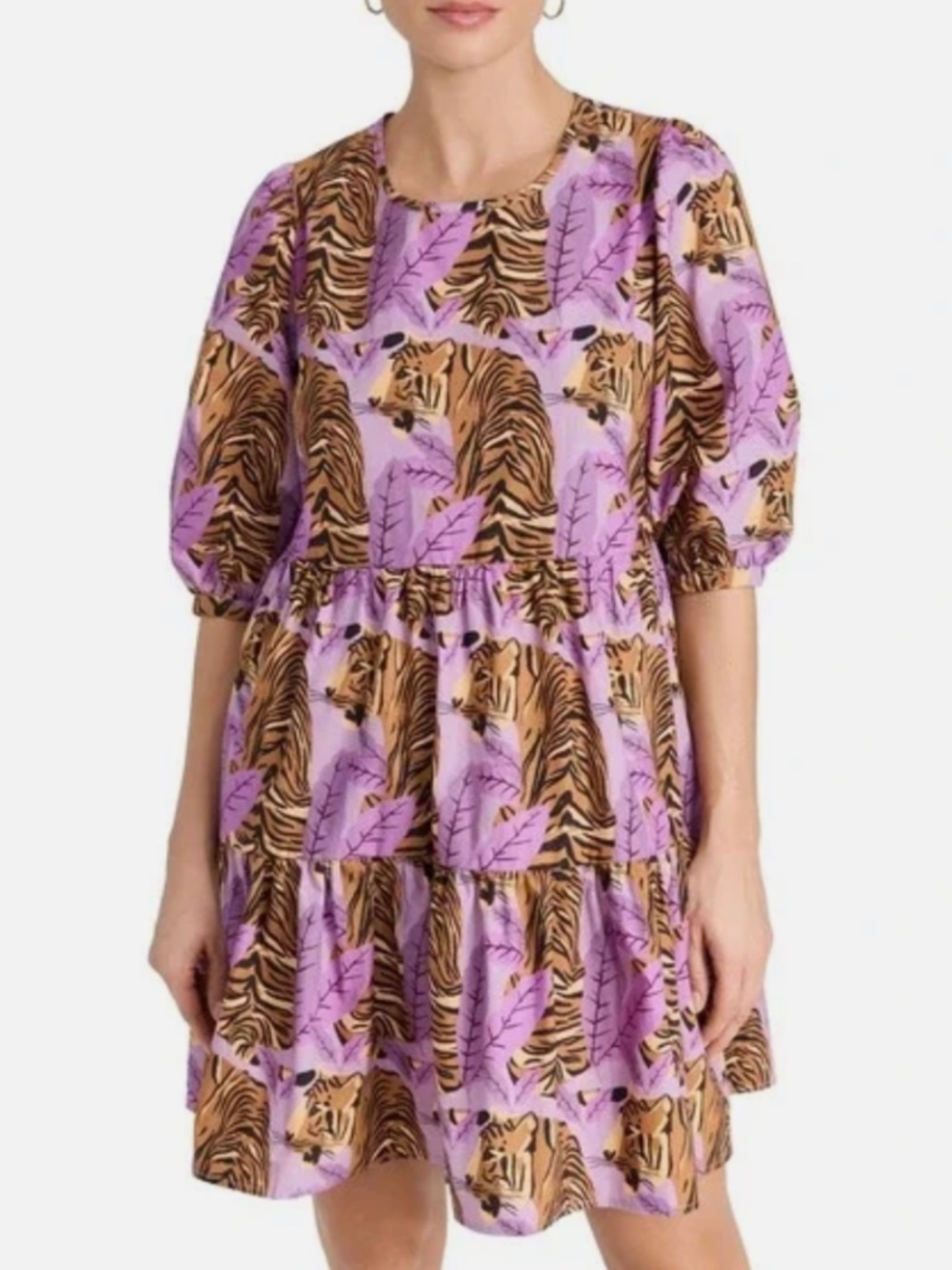 FARM Rio Tiger Leaves Lavender Puff Sleeve Mini Dress, Size Medium